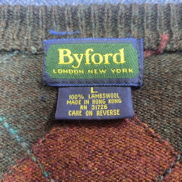 Vintage Byford 100% Lambswool Mens Argyle V-Neck Sweater  Dark Academia Large - Picture 6 of 8